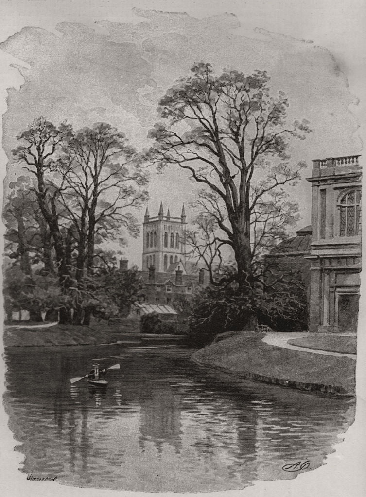 Tower of St. John's College Chapel from the Cam. Cambridge 1894 old print